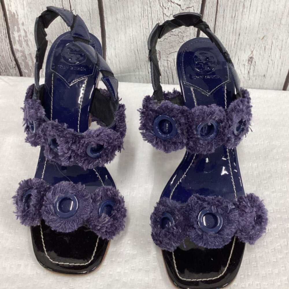 Tory Burch super fun bluish flower heels, women's size 7.5, WARDROBE MUST HAVE